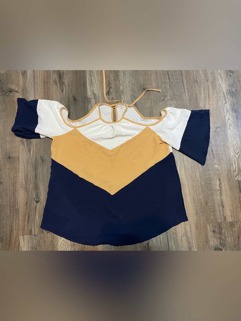 Chevron Colorblock Cold-Shoulder Tunic in White, Mustard & Navy